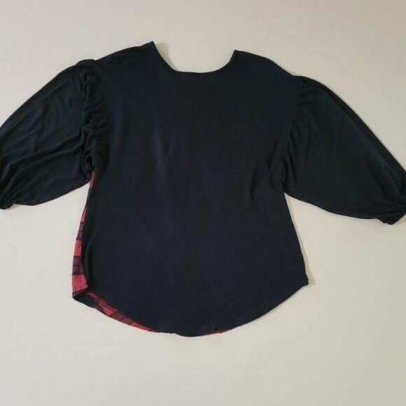 DayTrip Women's Black Balloon Sleeves Top with Buffalo Check Back - Picture 8 of 8